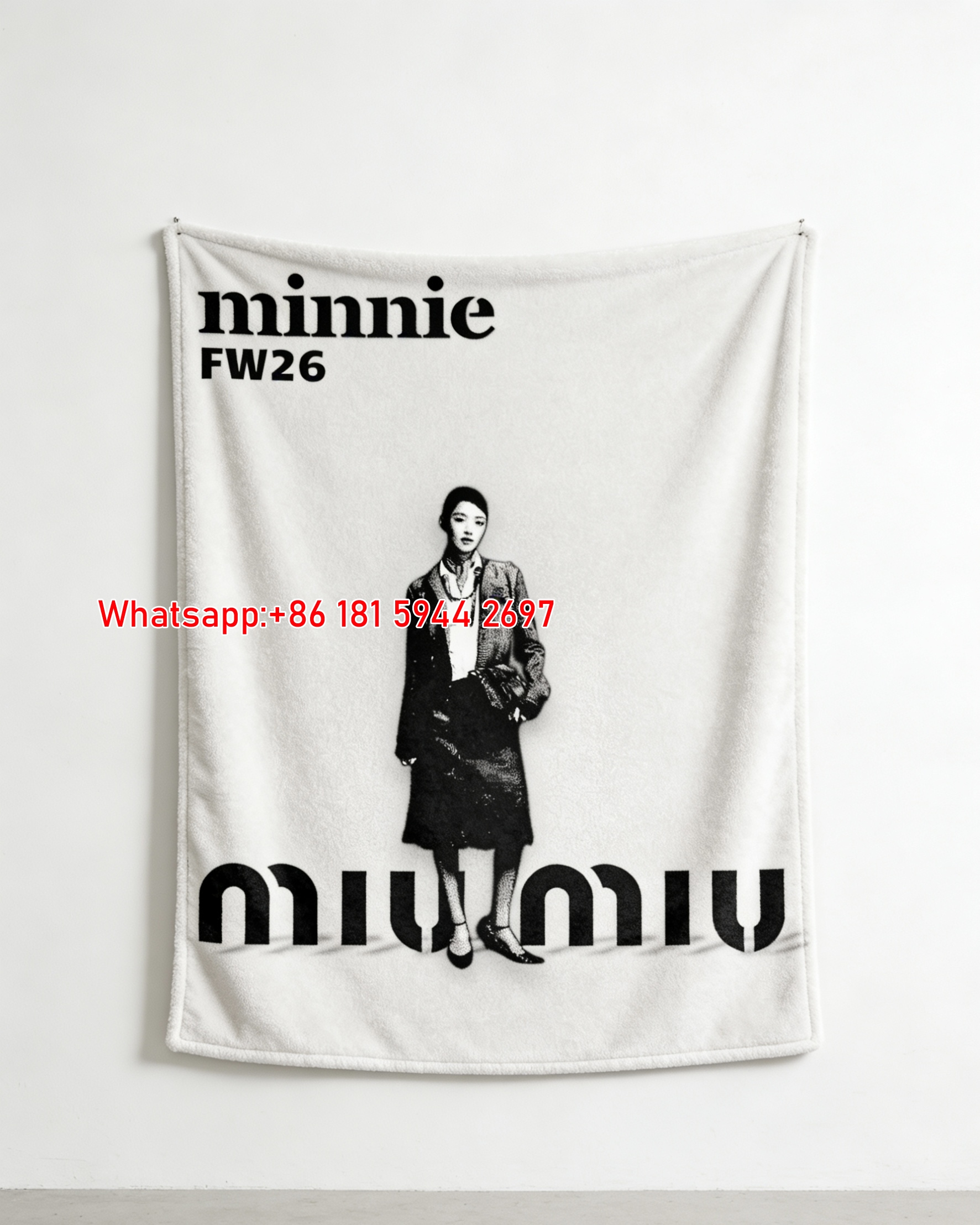 Miu Miu Minnie FW26 Black & White Suit Print Flannel Sofa Throw Blanket IMG_0630